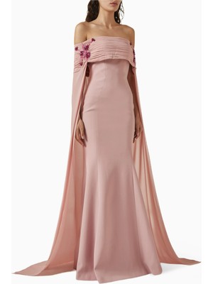 21SIX Kadın Vana Krep ve Şifon Omuz Açık Uzun Elbise