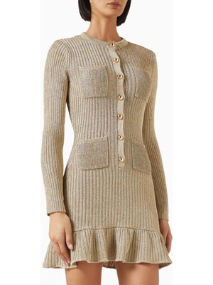 Self-Portrait Lurex Knit Mini Elbise, Altın Işıltılı Şık Gece Elbisesi