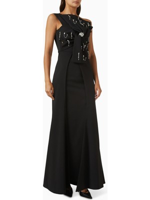 AC BY AANCHAL CHANDA Siyah Kristal Işlemeli Tek Omuzlu Elbise, Modern Zarafet