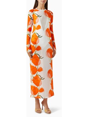 Selene Tulip Elbise, Lale Desenli, Açık Sırtlı Özel Tasarım