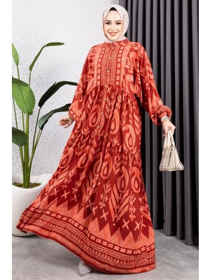 Lizay Etnik Desen Viskon Elbise Kiremit