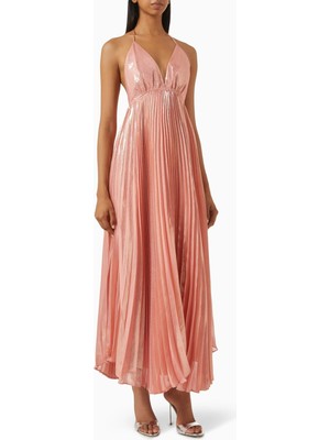 Alice and Olivia Adalyn Ipek Karışımlı Halter Maxi Elbise, Metalik Şifon, Tozlu Gül