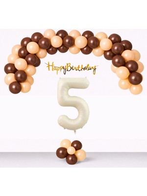 Tedaks Kahverengi Kum Beji Ten Rengi Balonlar Gold Happy Birthday Banner Krem Rakam Doğum Günü Seti