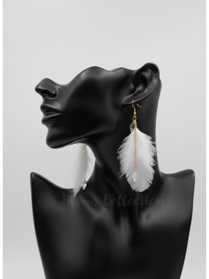 Cash Trade Özel Tasarım Beyaz Renk Kuş Tüyü Sallantılı Küpe. Modern Boho Vintage Stil