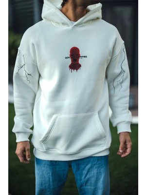 Üç Iplik Kapüşonlu Baskılı Oversize Sweatshirt- Beyaz