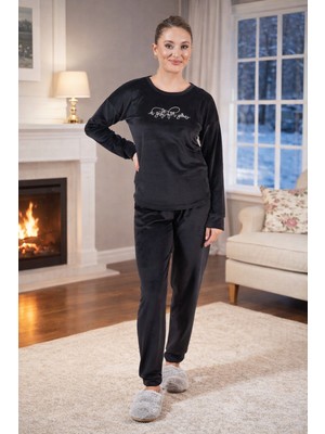 Remsa Kadın Kadife Baskılı Pijama Takımı 25382 Siyah