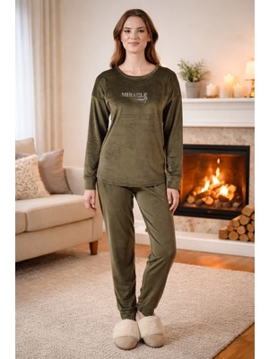 Remsa Kadın Kadife Baskılı Pijama Takımı 25382 Haki