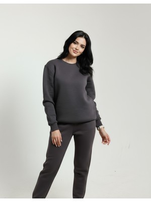 Veleno Füme Kadın 3 Iplik Içi Pamuklu Sıfır Yaka Eşofman Takımı Kışlık Yumuşacık Dokulu Polarlı Yünlü