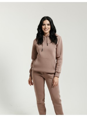 Veleno Kahverengi Kadın 3 Iplik Içi Pamuklu Kanguru Eşofman Takımı Kışlık Yumuşacık Dokulu Polarlı Yünlü