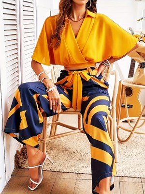 Balva Konsept Kadın Hardal Crop Bluz Ve Desenli Pantolon Alt Üst İkili Takım - Medıum Beden