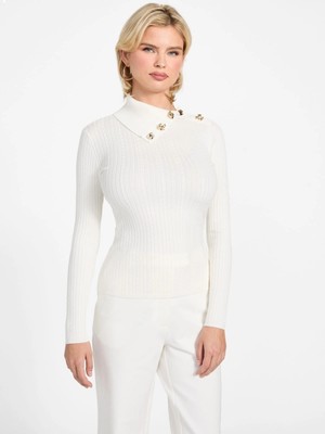 Guess Uzun Kollu Balıkçı Yaka Priscilla Saç Örgü Fitilli Triko Kadın Beyaz Triko W6RR07Z2YK2-G1O6