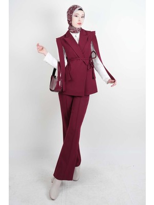 Tesettür Blazer Takım Omuz Tasarım Yelekli Blazer Ikili Takım Bordo