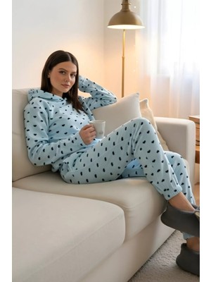 Gülseli Kadın Kapüşonlu Kalp Desenli Polar Pijama Takımı P-00019956
