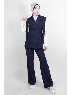 Tesettür Blazer Takım Omuz Tasarım Yelekli Blazer Ikili Takım Lacivert