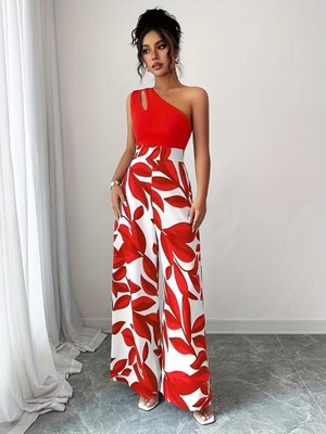 Kadın Bitkisel Bahariye Desenli Kırmızı Tonlarında Geniş Paça Relaxed Pantalon