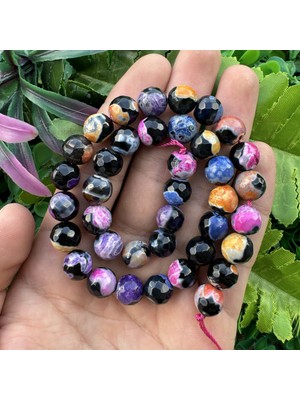 Fasetli Küre Renkli-Siyah Mix Akik Taşı 10 mm