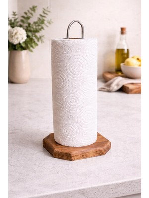 Mavi Trend Dekoratif Ahşap Altlıklı Metal Kağıt Havluluk Tutucu (26 Cm) - Mutfak Peçetelik Standı