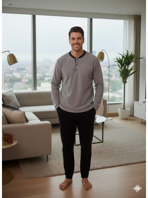 Sunzer Homewear Sude Kışlık Gri Polar Yaka Düğmeli Alt Cepli