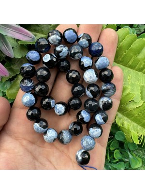 Fasetli Küre Siyah Mavi Akik Taşı 10 mm