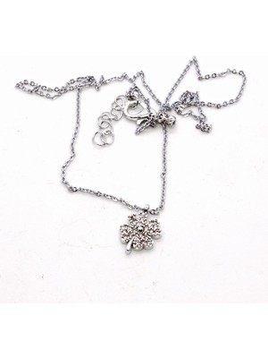 Tuncel Store Gümüş Renk Zirkon Taşlı Yonca Beyaz Taşlı Kolye 934