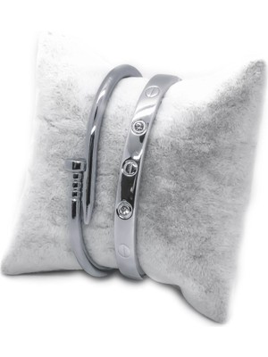 Tuncel Store Gümüş Renk Çivi ve Taşlı Cartier Bileklik Set 945