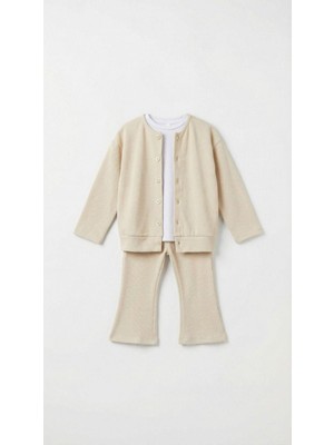 Magu Kız Çocuk Pamuklu Bej Fitilli Hırka Pantolon Takım – Düğmeli Hırka, Ispanyol Paça