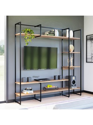 Mavi Trend Metal Tv Ünitesi, Tv Sehpası, Duvar Ünitesi Atlantik Çam Metal Ayaklı Siyah 200X34X185