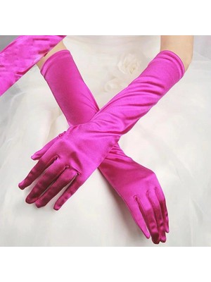 Dinç Store 44 Uzun Boy Ekstra Parlak Saten Eldiven Fuşya Renk DINÇSTORE-4522