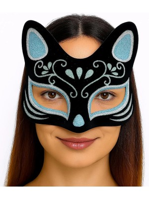 Dinç Store 44 Siyah Renk Süet Kaplama Üzeri Gümüş Mavi Simli Kedi Maskesi 17X14 cm DINÇSTORE-4522