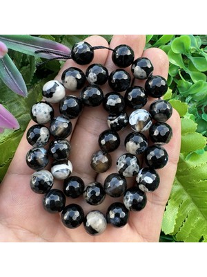 Fasetli Küre Siyah-Bej Akik Taşı 10 mm