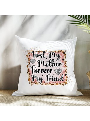 Qoeuyl Boutique My Mother Forever No:2 Baskılı Anneler Günü Hediyelik Elyaf Dolgulu Saten Dekoratif Yastık