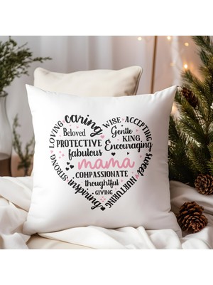 Qoeuyl Boutique Mama Şekilli Yazılı Kalp Baskılı Anneler Günü Hediyelik Elyaf Dolgulu Saten Dekoratif Yastık