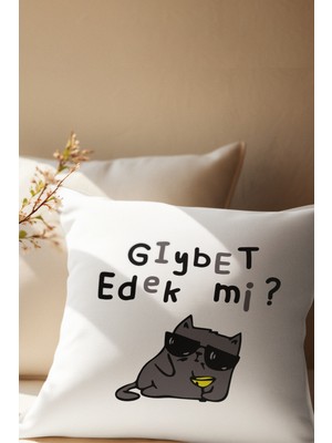 Qoeuyl Boutique Gıybet Edek Mi-Kedi Baskılı Eğlenceli Hediyelik Saten Dekoratif Yastık