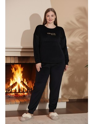 Remsa Büyük Beden Kadın Kadife Baskılı Pijama Takım 25394 Siyah