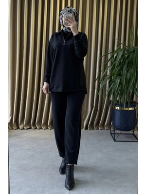Tığ Triko Pile Özellikli Pantolonlu Takım Siyah