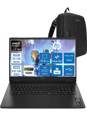 Hp Omen Amd Ryzen Aı 7 350 32GB 512GB SSD 8GB/RTX5060/130W 17.3" Fhd 144Hz 7ms 300NITS %100 Srgb Windows 11 Pro Gaming Bilgisayar C2EZ3EAP09 + Zettaçanta
