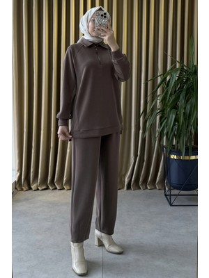 Tığ Triko Pile Özellikli Pantolonlu Takım Kahve