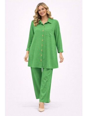 BezeXL Büyük Beden Eteği Lastikli Keten Ikili Takım Yeşil