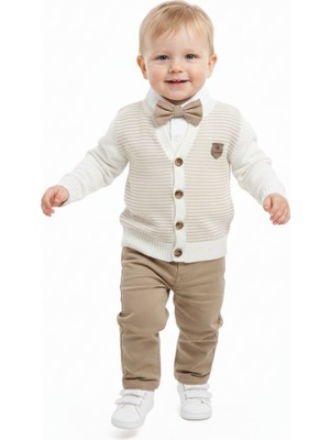 Butik Erkek Bebek %100 Pamuklu Papyon Aksesuarlı Alt - Üst Triko Ceketli Takım