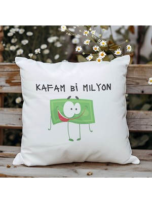 Qoeuyl Boutique Kafam Bi Milyon Baskılı Komik Hediyelik Elyaf Saten Dekoratif Yastık
