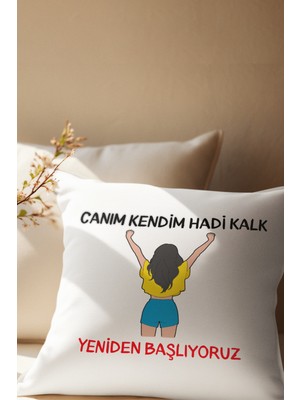 Qoeuyl Boutique Canım Kendim Hadi Kalk Yeniden Başlıyoruz Baskılı Hediyelik Saten Motivasyon Dekoratif Yastık