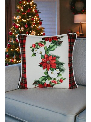 Visionario Kırlent Kılıfı Yılbaşı Temalı Çiçek Desenli 45X45 Raşel Örme Kadife Dijital Baskı Beyaz Biyeli