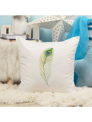 Qoeuyl Boutique Tavus Kuşu Tüyü Baskılı  Hediyelik Elyaf Saten Dekoratif Yastık
