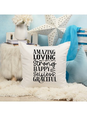 Qoeuyl Boutique Amazing Loving Strong Baskılı Anneler Günü Hediyelik Elyaf Dolgulu Saten Dekoratif Yastık