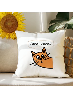 Qoeuyl Boutique Nolmuş Meraklı Kedi Baskılı Komik Hediyelik Elyaf Saten Dekoratif Yastık