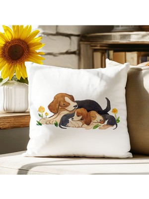 Qoeuyl Boutique Sevimli Köpek Dostlar Baskılı Hediyelik Elyaf Saten Dekoratif Yastık