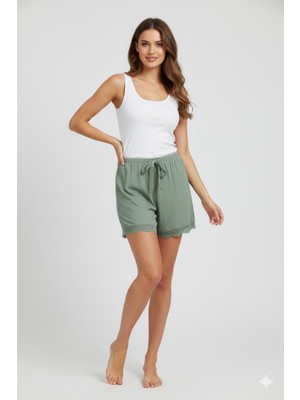 ModaSize Bambu Fitilli Kadın Ev Şortu Bacak Dantel Detaylı Ev Giyim Yeşil