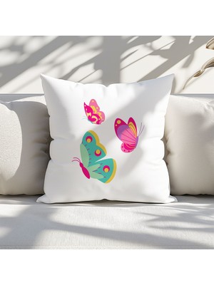 Qoeuyl Boutique Renkli Kelebekler Baskılı  Hediyelik Elyaf Saten Dekoratif Yastık