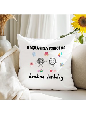 Qoeuyl Boutique Başkasına Psikolog Kendine Derdelog Baskılı Komik Hediyelik Elyaf Saten Dekoratif Yastık