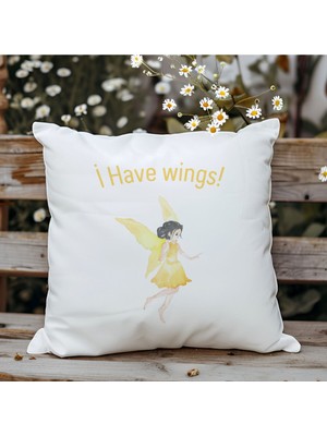Qoeuyl Boutique I Have Wings Baskılı  Hediyelik Elyaf Saten Dekoratif Yastık